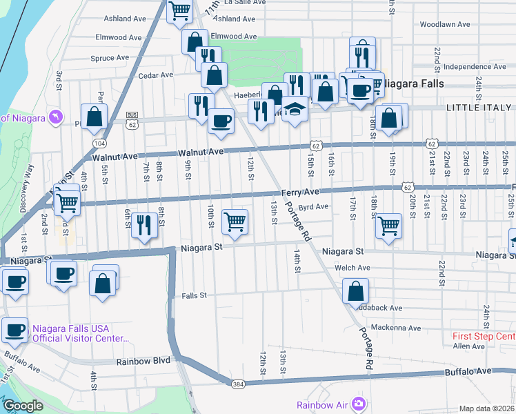 map of restaurants, bars, coffee shops, grocery stores, and more near 451 12th Street in Niagara Falls
