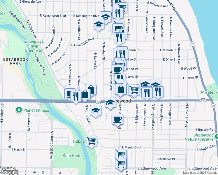 map of restaurants, bars, coffee shops, grocery stores, and more near 4040 North Newhall Street in Shorewood