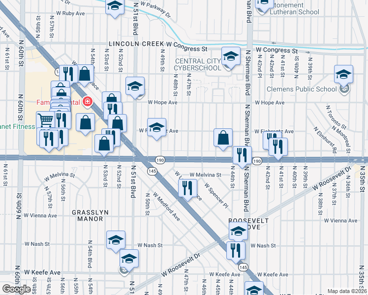 map of restaurants, bars, coffee shops, grocery stores, and more near 4022 North 47th Street in Milwaukee