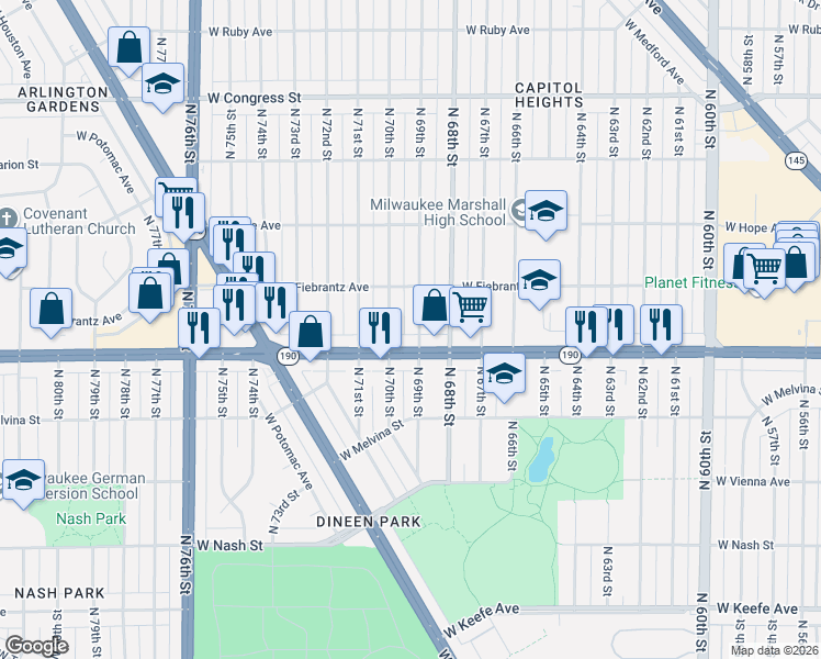map of restaurants, bars, coffee shops, grocery stores, and more near in Milwaukee
