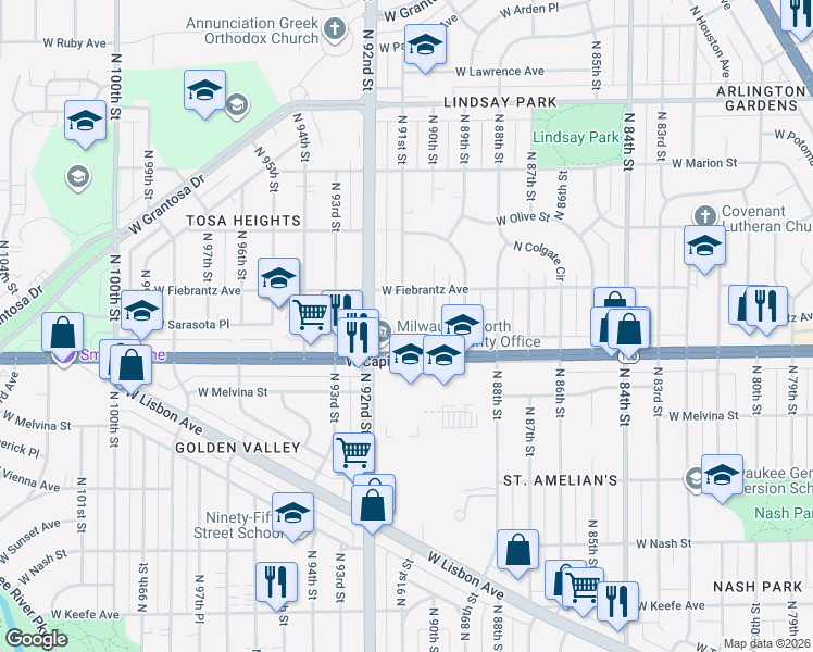map of restaurants, bars, coffee shops, grocery stores, and more near 4026 North 91st Street in Milwaukee