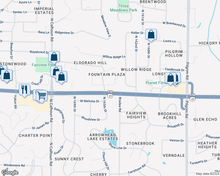 map of restaurants, bars, coffee shops, grocery stores, and more near 16555 Dane Court West in Brookfield