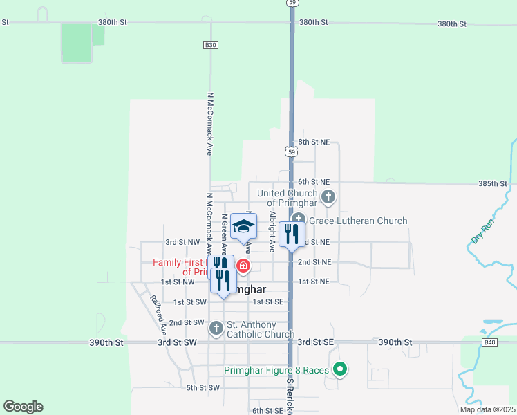 map of restaurants, bars, coffee shops, grocery stores, and more near 255 5th Street Northeast in Primghar