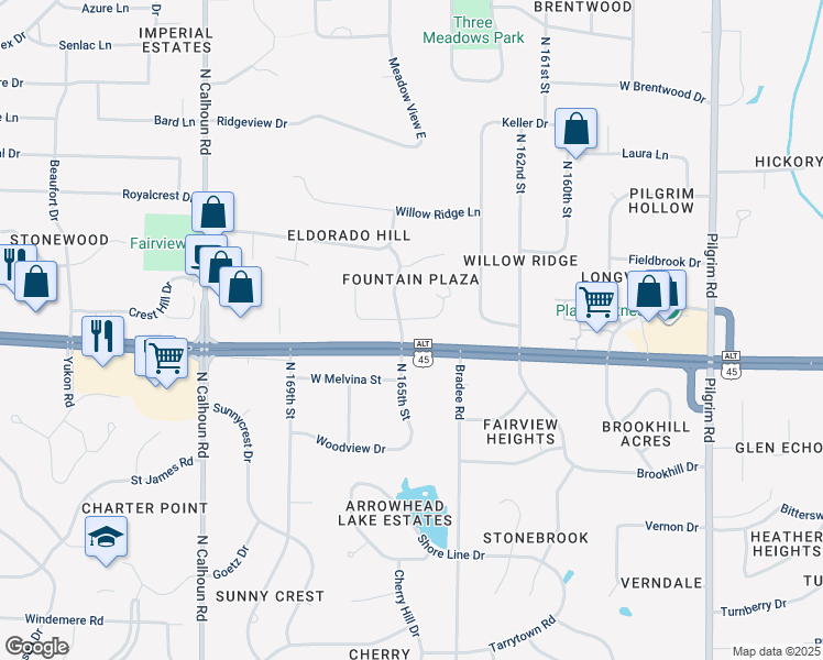 map of restaurants, bars, coffee shops, grocery stores, and more near 16555 Dane Court West in Brookfield