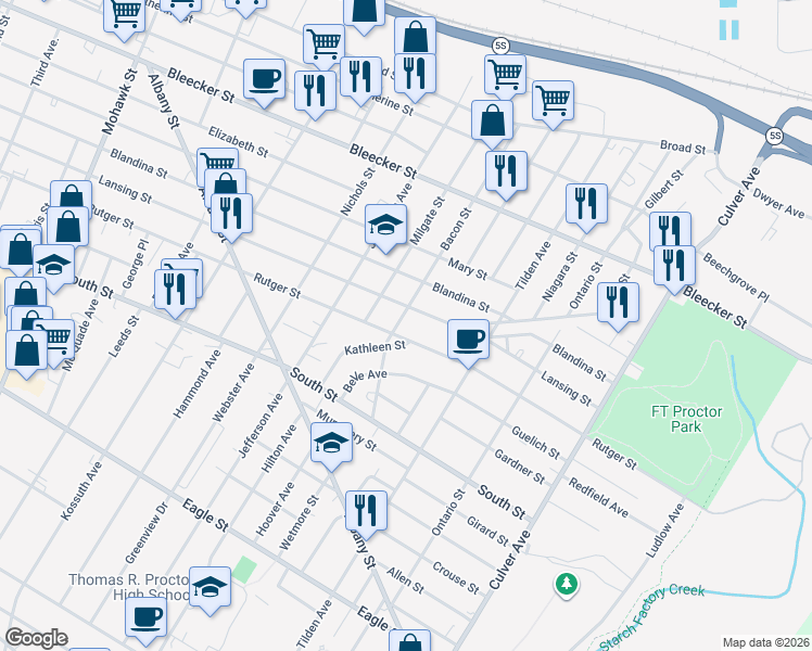 map of restaurants, bars, coffee shops, grocery stores, and more near 1306 Lansing Street in Utica
