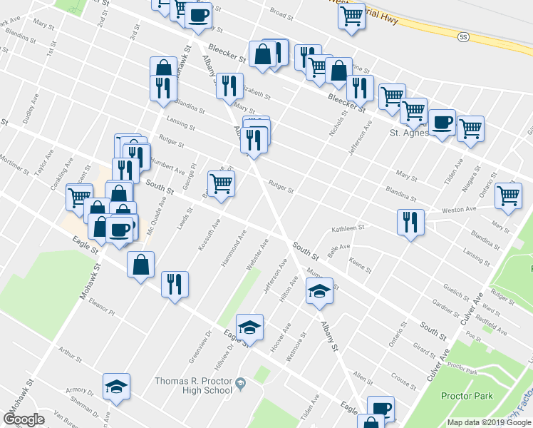 map of restaurants, bars, coffee shops, grocery stores, and more near 1020 Albany Street in Utica
