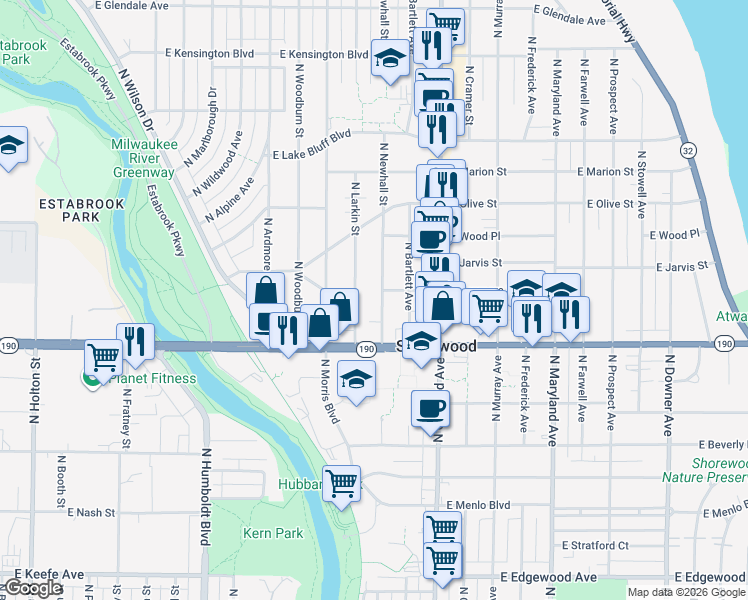 map of restaurants, bars, coffee shops, grocery stores, and more near 4042 North Larkin Street in Milwaukee