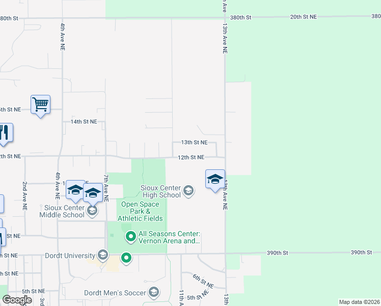 map of restaurants, bars, coffee shops, grocery stores, and more near 1133 12th Street Northeast in Sioux Center