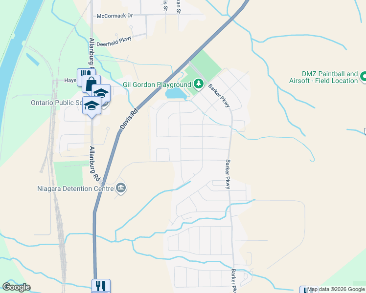 map of restaurants, bars, coffee shops, grocery stores, and more near 11 Sparkle Drive in Thorold