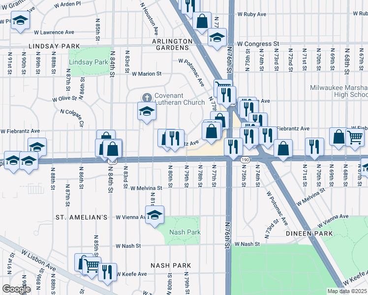 map of restaurants, bars, coffee shops, grocery stores, and more near 7901 West Fiebrantz Avenue in Milwaukee