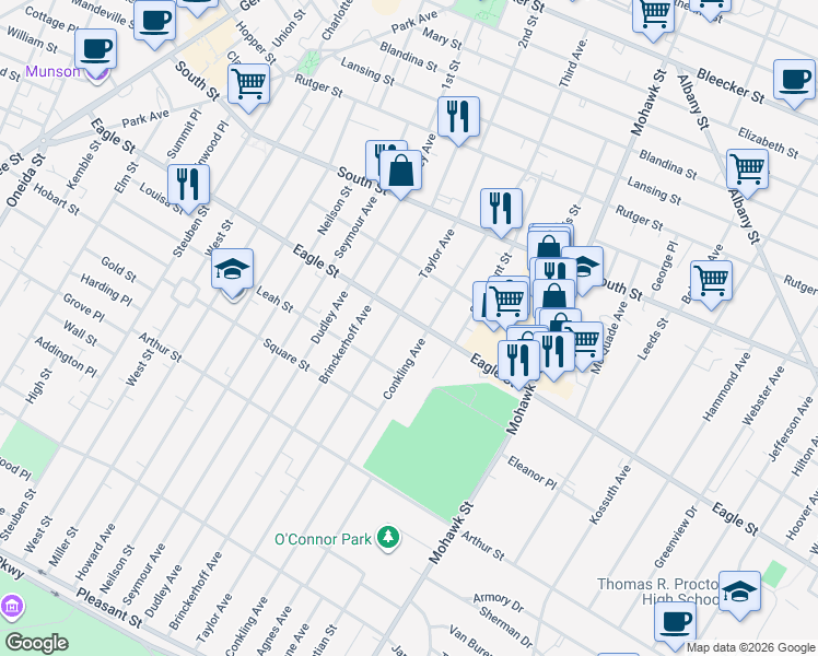map of restaurants, bars, coffee shops, grocery stores, and more near 502 Eagle Street in Utica