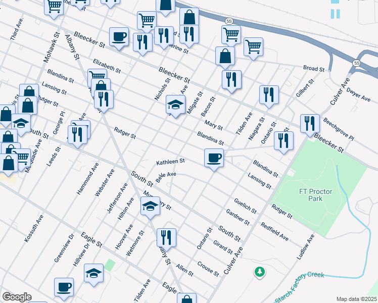 map of restaurants, bars, coffee shops, grocery stores, and more near 1306 Lansing Street in Utica