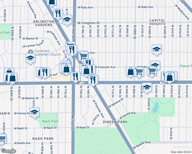 map of restaurants, bars, coffee shops, grocery stores, and more near 7307 West Beckett Avenue in Milwaukee