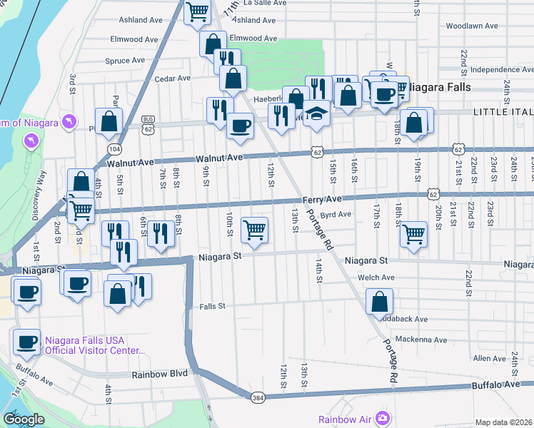 map of restaurants, bars, coffee shops, grocery stores, and more near 449 Memorial Parkway in Niagara Falls