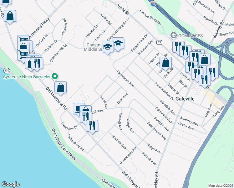 map of restaurants, bars, coffee shops, grocery stores, and more near 116 Vincent Avenue in Liverpool