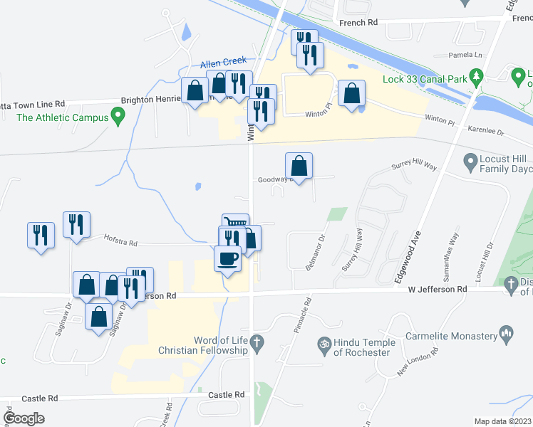 map of restaurants, bars, coffee shops, grocery stores, and more near 3144 South Winton Road in Rochester