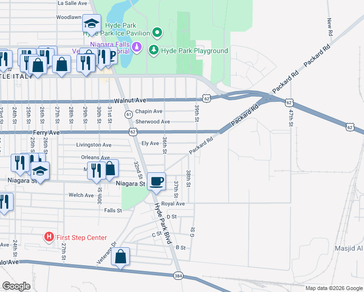 map of restaurants, bars, coffee shops, grocery stores, and more near 3637 Ely Avenue in Niagara Falls