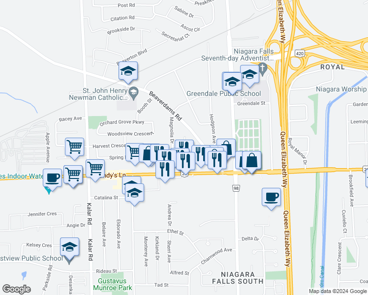 map of restaurants, bars, coffee shops, grocery stores, and more near 7825 Spring Blossom Drive in Niagara Falls