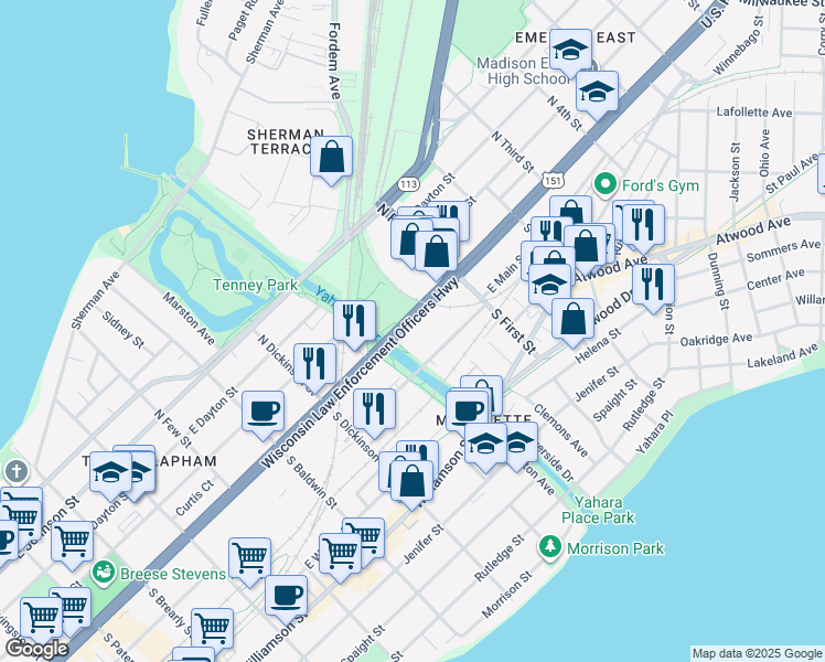 map of restaurants, bars, coffee shops, grocery stores, and more near 1827 East Washington Avenue in Madison