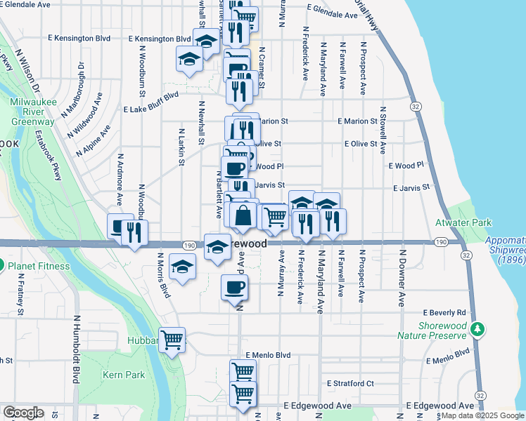 map of restaurants, bars, coffee shops, grocery stores, and more near 1821 East Kenmore Place in Shorewood