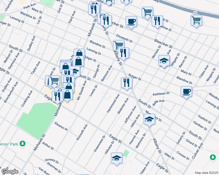 map of restaurants, bars, coffee shops, grocery stores, and more near South St & Kossuth Ave in Utica