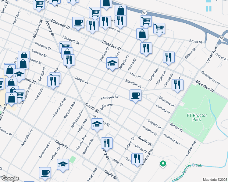 map of restaurants, bars, coffee shops, grocery stores, and more near 1204 Rutger Street in Utica