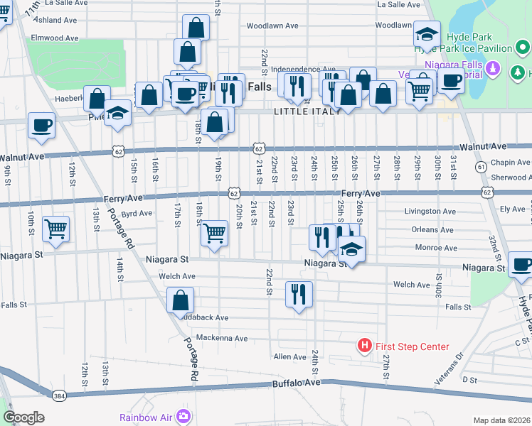 map of restaurants, bars, coffee shops, grocery stores, and more near 465 21st Street in Niagara Falls