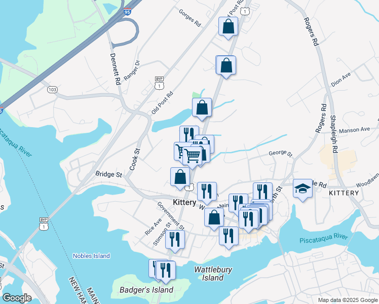 map of restaurants, bars, coffee shops, grocery stores, and more near 55 State Road in Kittery