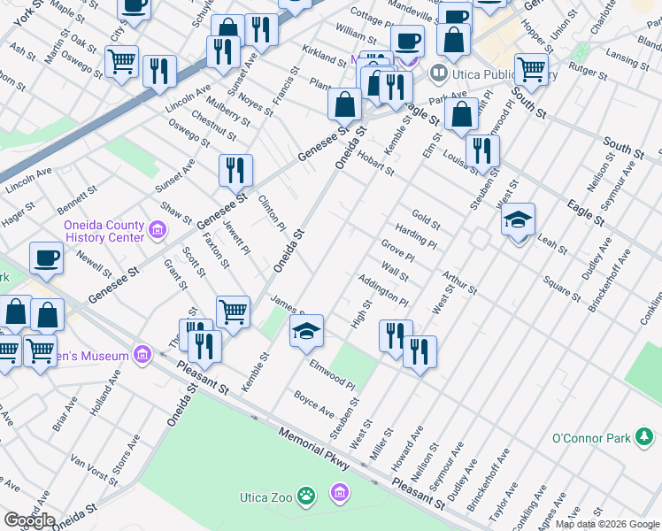 map of restaurants, bars, coffee shops, grocery stores, and more near 1543 Kemble Street in Utica