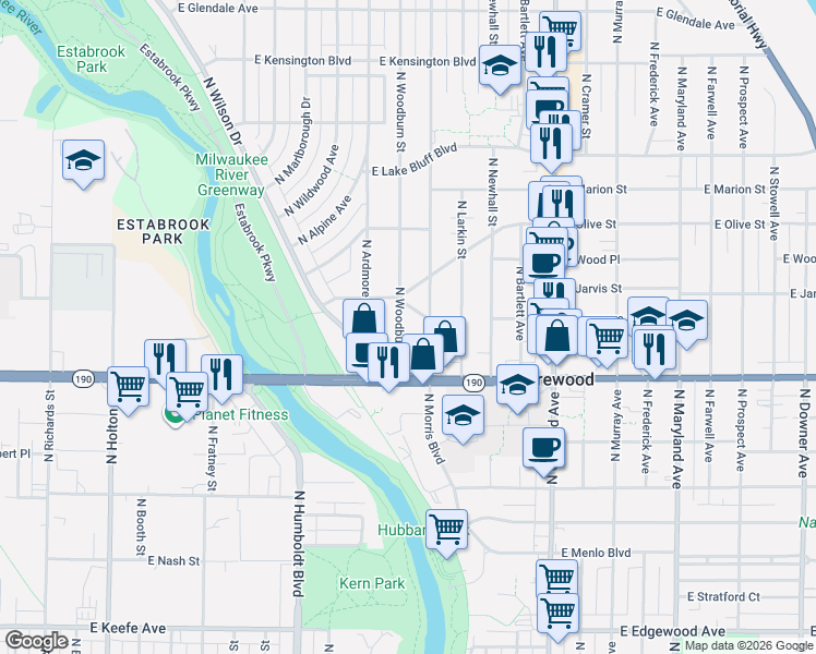 map of restaurants, bars, coffee shops, grocery stores, and more near 4109 North Morris Boulevard in Shorewood