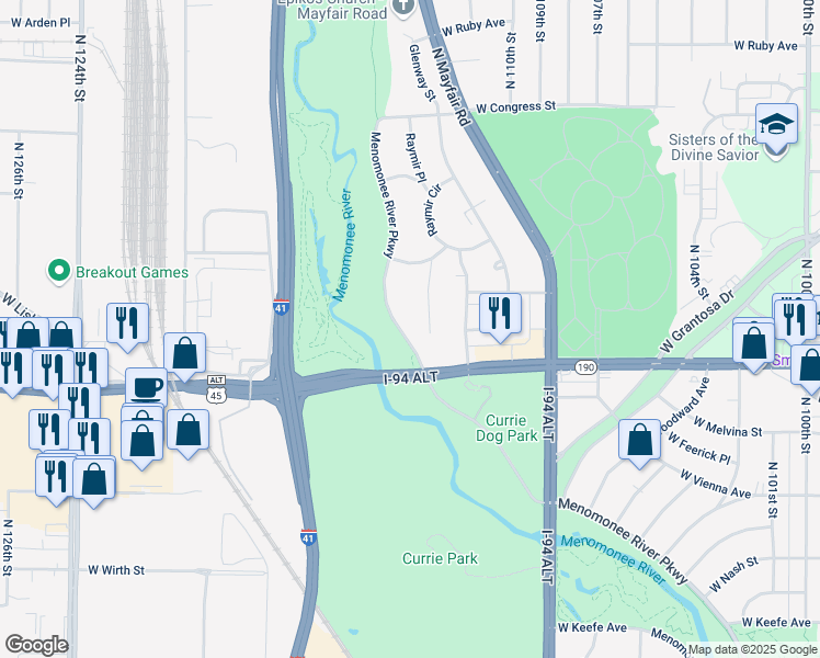 map of restaurants, bars, coffee shops, grocery stores, and more near 4045 North 111th Street in Wauwatosa