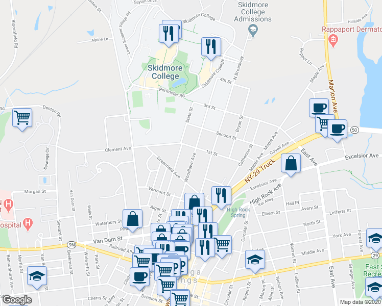 map of restaurants, bars, coffee shops, grocery stores, and more near 207 Woodlawn Avenue in Saratoga Springs