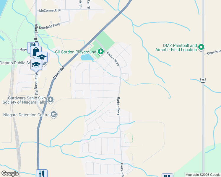 map of restaurants, bars, coffee shops, grocery stores, and more near 48 Harmony Way in Thorold