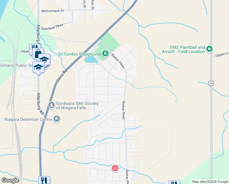 map of restaurants, bars, coffee shops, grocery stores, and more near 44 Harmony Way in Thorold