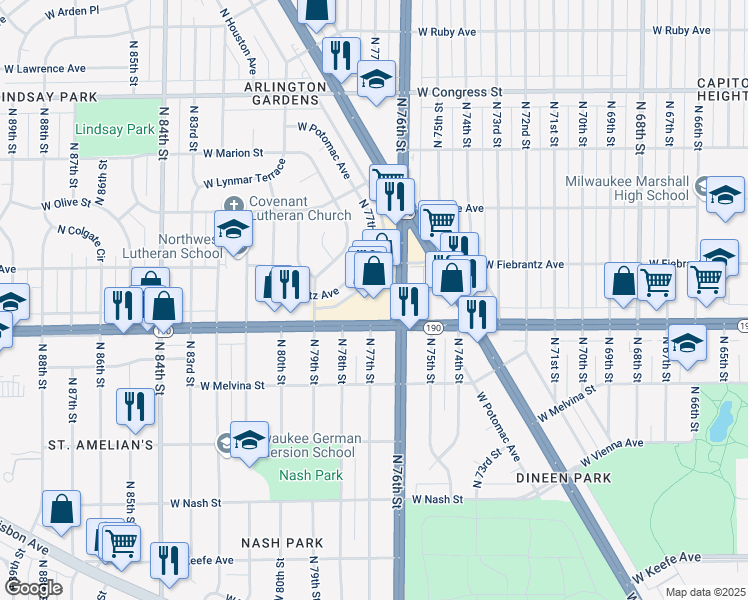 map of restaurants, bars, coffee shops, grocery stores, and more near in Milwaukee