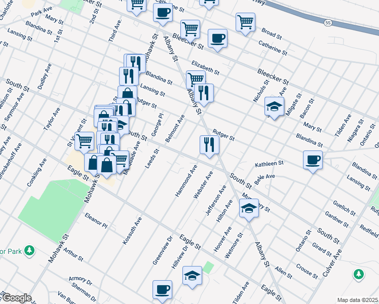 map of restaurants, bars, coffee shops, grocery stores, and more near in Utica