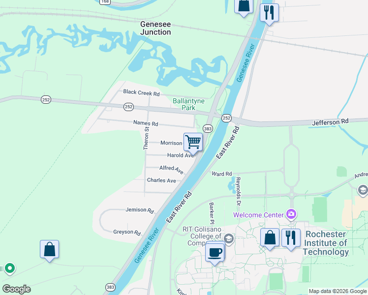 map of restaurants, bars, coffee shops, grocery stores, and more near 12 Harold Avenue in Rochester