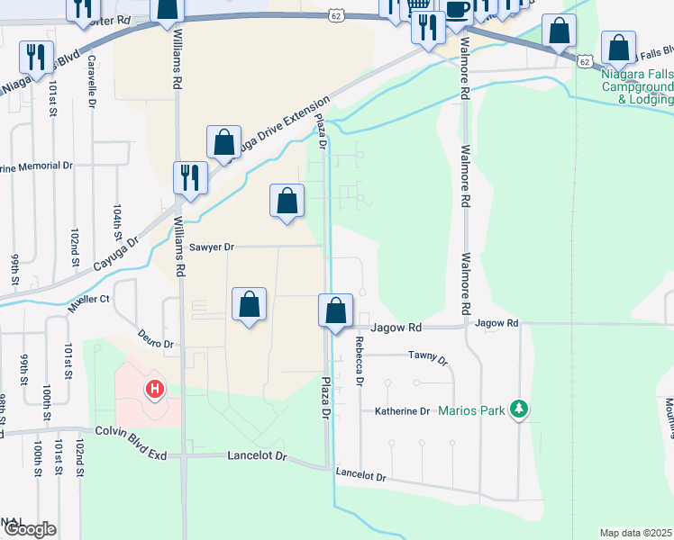 map of restaurants, bars, coffee shops, grocery stores, and more near 6881 Plaza Drive in Niagara Falls