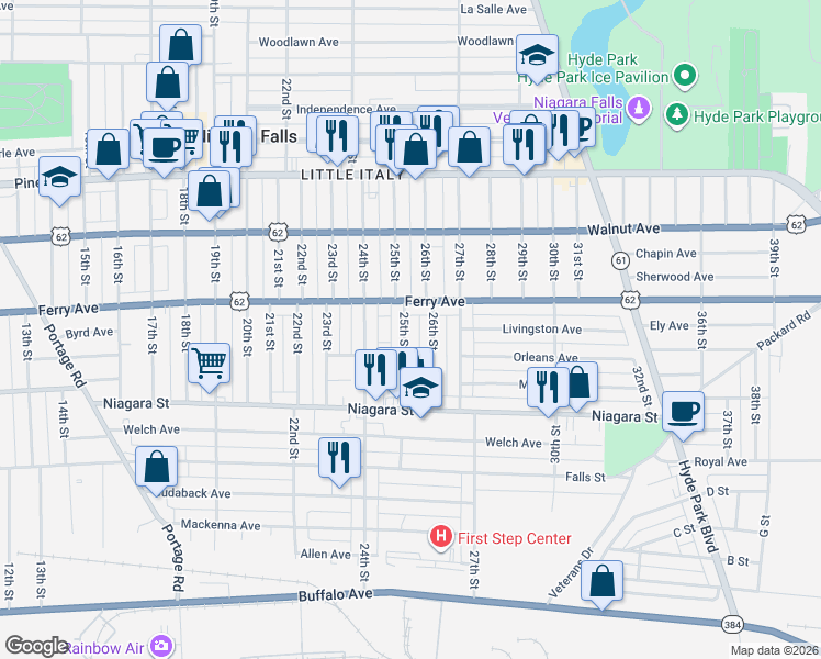 map of restaurants, bars, coffee shops, grocery stores, and more near 466 25th Street in Niagara Falls