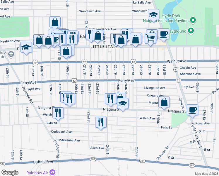 map of restaurants, bars, coffee shops, grocery stores, and more near 470 24th Street in Niagara Falls