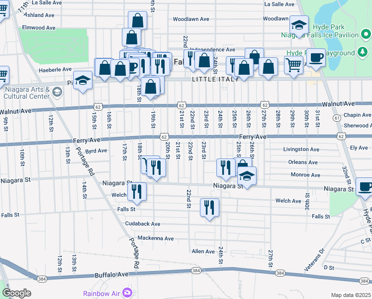 map of restaurants, bars, coffee shops, grocery stores, and more near 465 21st Street in Niagara Falls