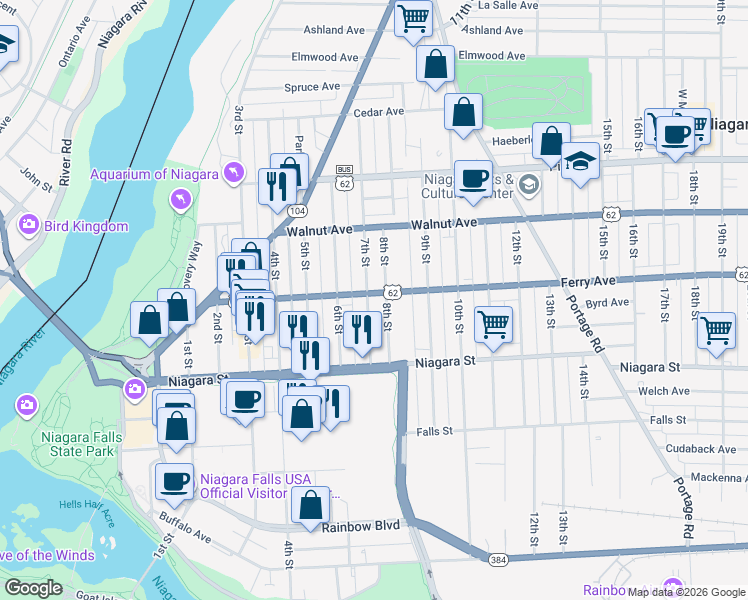 map of restaurants, bars, coffee shops, grocery stores, and more near 464 7th Street in Niagara Falls