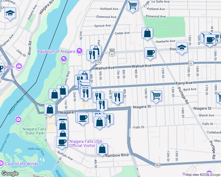 map of restaurants, bars, coffee shops, grocery stores, and more near 466 1/2 6th Street in Niagara Falls