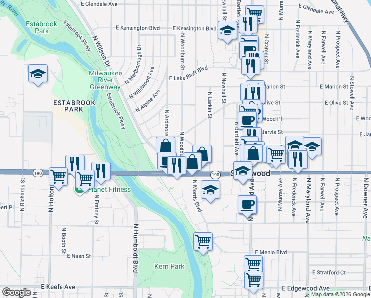 map of restaurants, bars, coffee shops, grocery stores, and more near 4109 North Morris Boulevard in Shorewood