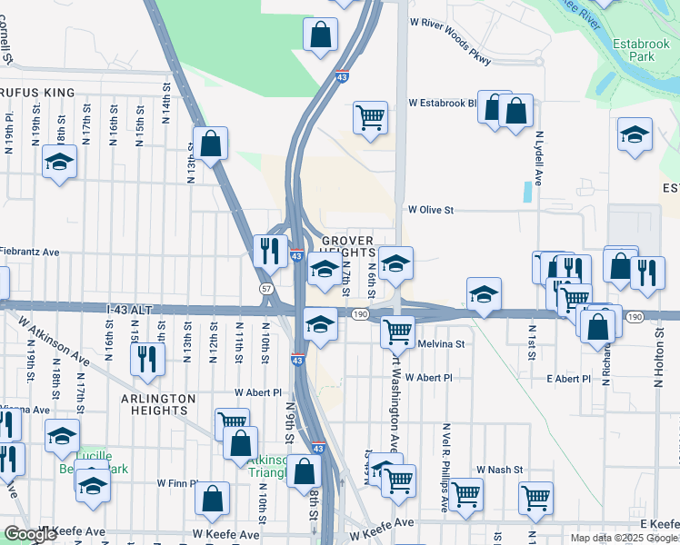 map of restaurants, bars, coffee shops, grocery stores, and more near 4050 North 7th Street in Milwaukee