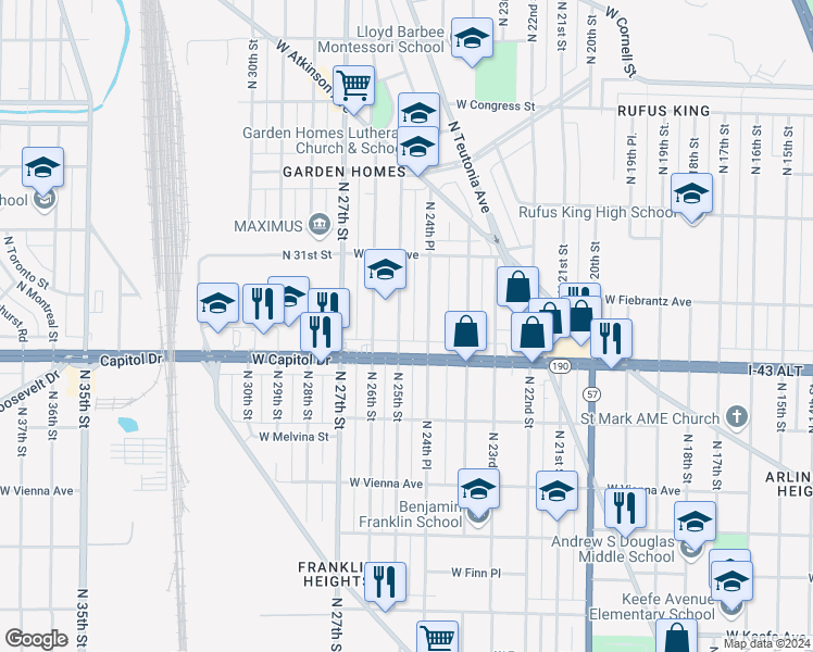 map of restaurants, bars, coffee shops, grocery stores, and more near 4051 North 25th Street in Milwaukee
