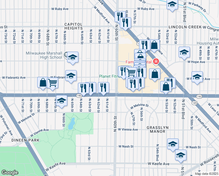 map of restaurants, bars, coffee shops, grocery stores, and more near 4021 North 61st Street in Milwaukee