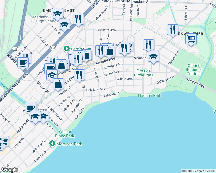 map of restaurants, bars, coffee shops, grocery stores, and more near 2225 Oakridge Avenue in Madison