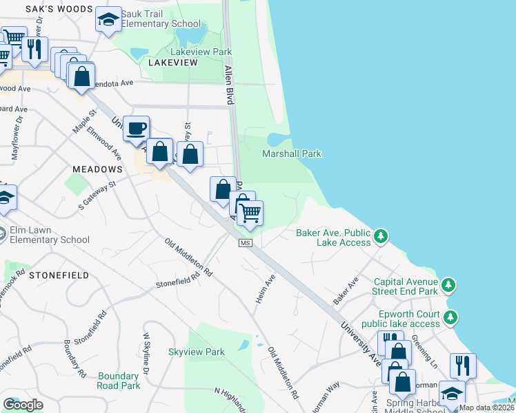map of restaurants, bars, coffee shops, grocery stores, and more near 2041 Overlook Pass in Middleton