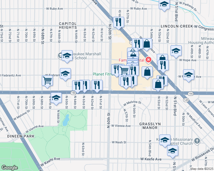 map of restaurants, bars, coffee shops, grocery stores, and more near 4001 North 60th Street in Milwaukee